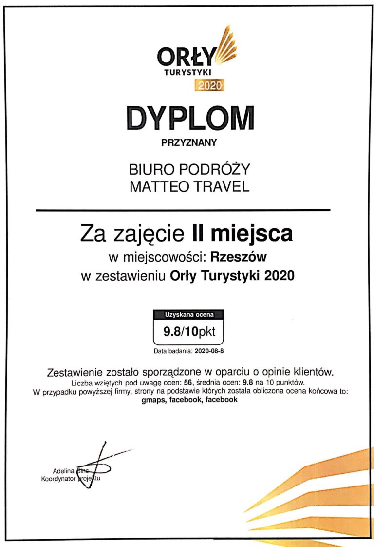 Dyplom Orły Turystyki 2020 - II miejsce w Rzeszowie dla Biura Podróży Matteo Travel